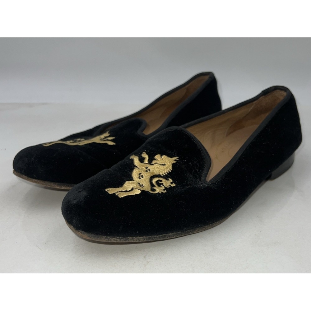 Stubbs & Wootton Loafers Womens 8.5 Black Velvet Gold Embroidered Lion Griffin